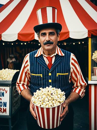 Man in Circus Popcorn Seller Costume Holding Popcorn Bucket Waist-Up