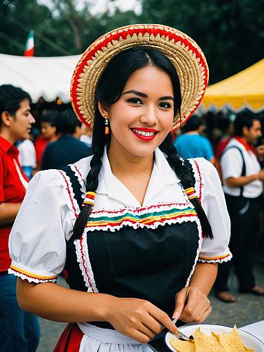 Woman in Traditional Mexican Waitress Costume at Festival Candid Portrait