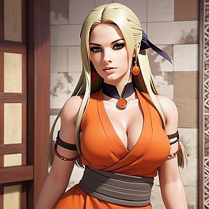 Elegant Woman in Orange Dress with Blonde Hair