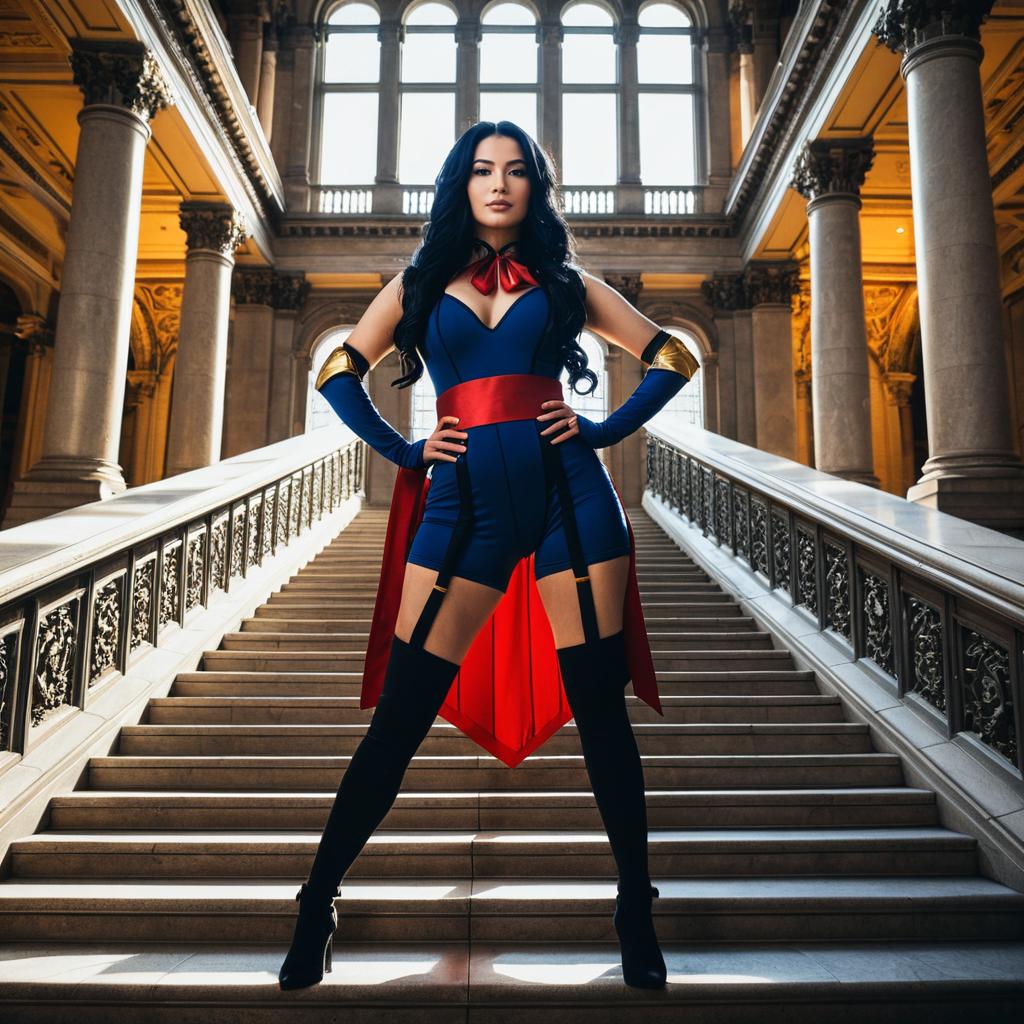 Heroic Woman in Blue Superhero Costume Posing on Grand Staircase