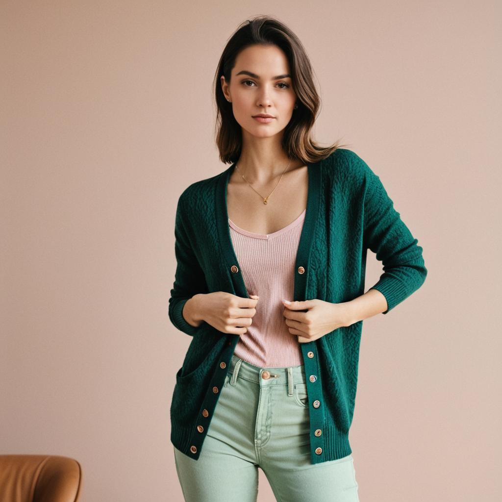 Stylish Young Woman Wearing Green Cardigan and Casual Outfit
