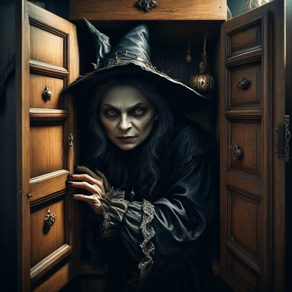 Eerie Woman in Witch's Hat Emerging from Cabinet Eerie Woman in Witch's Hat Emerging from Cabinet