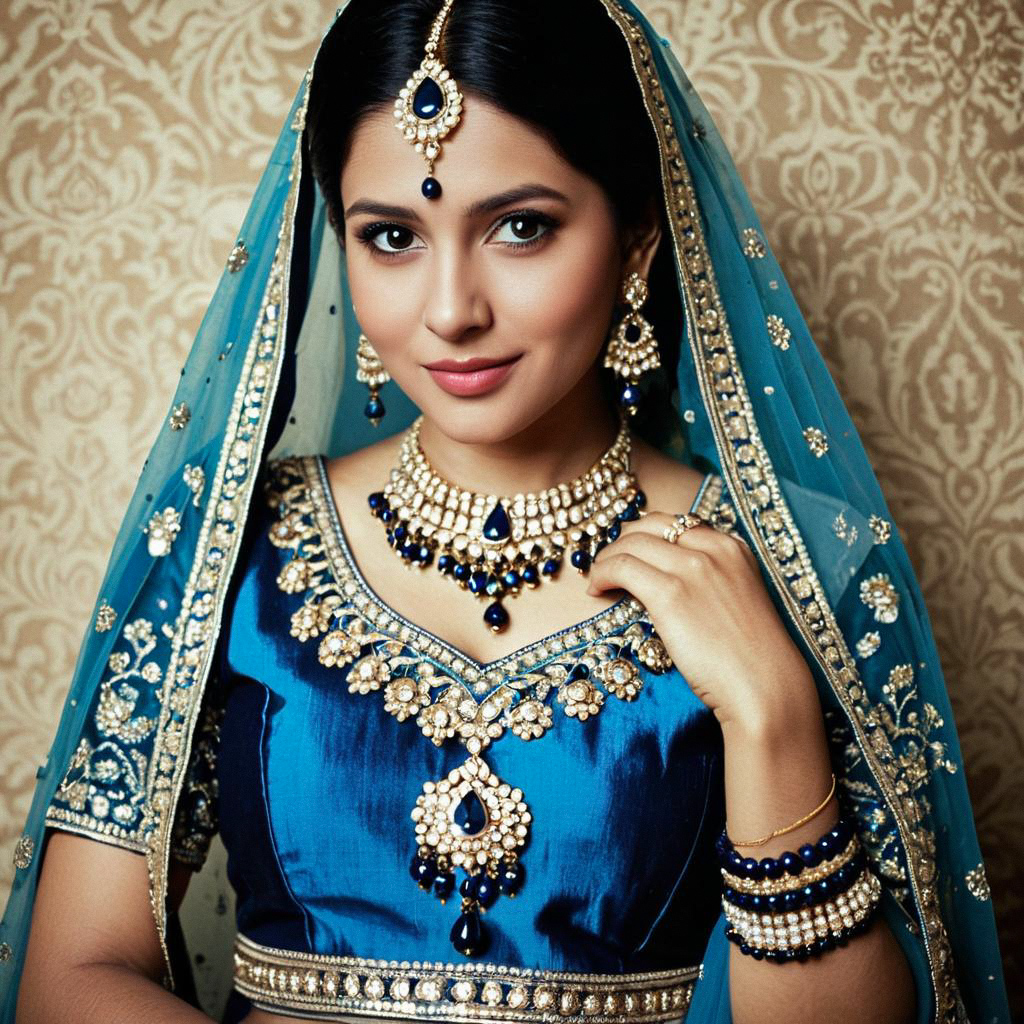 Beautiful Woman in Blue Lehenga with Gold Embroidery