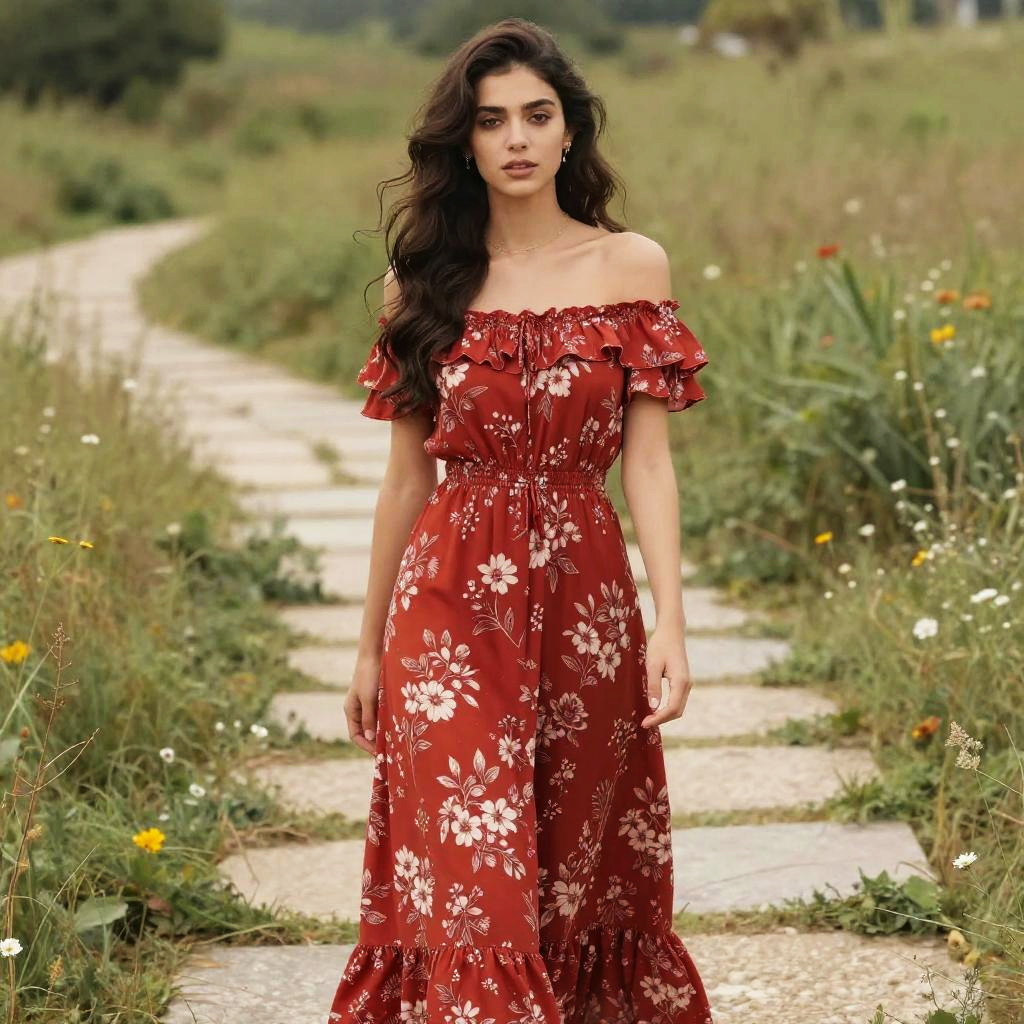 Romantic Bohemian Style Woman Wearing Red Floral Maxi Dress Outdoors
