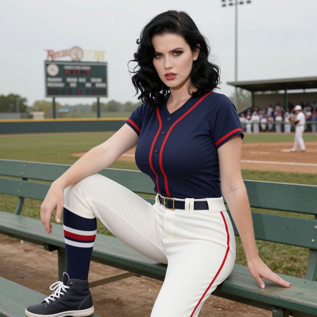 Woman in Vintage Baseball Uniform Sitting on Bench at Baseball Field