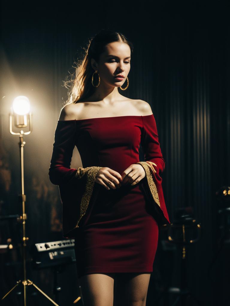 Woman in Contemporary Chic Maroon Off-the-Shoulder Mini Dress