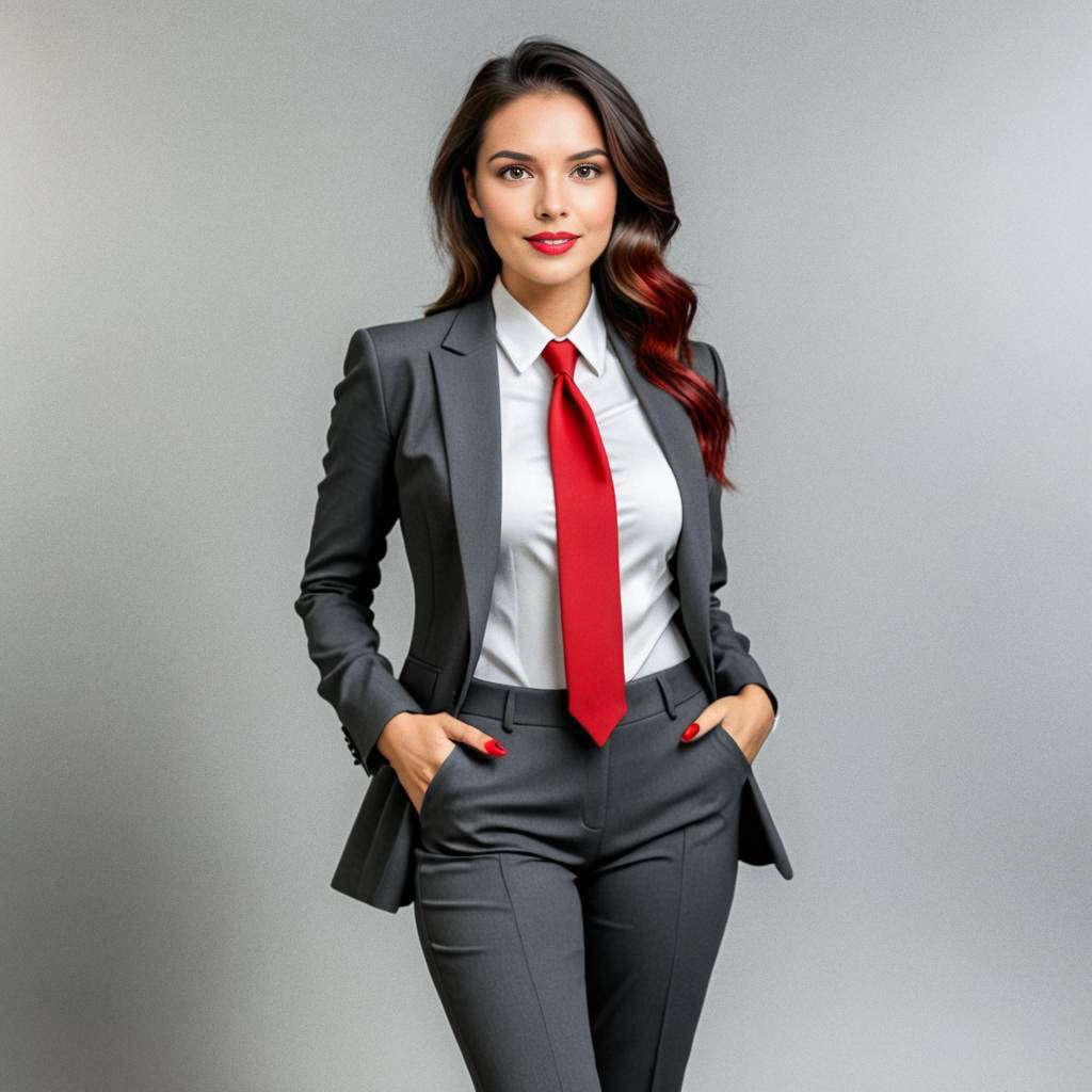 Confident Businesswoman in Gray Suit with Red Tie