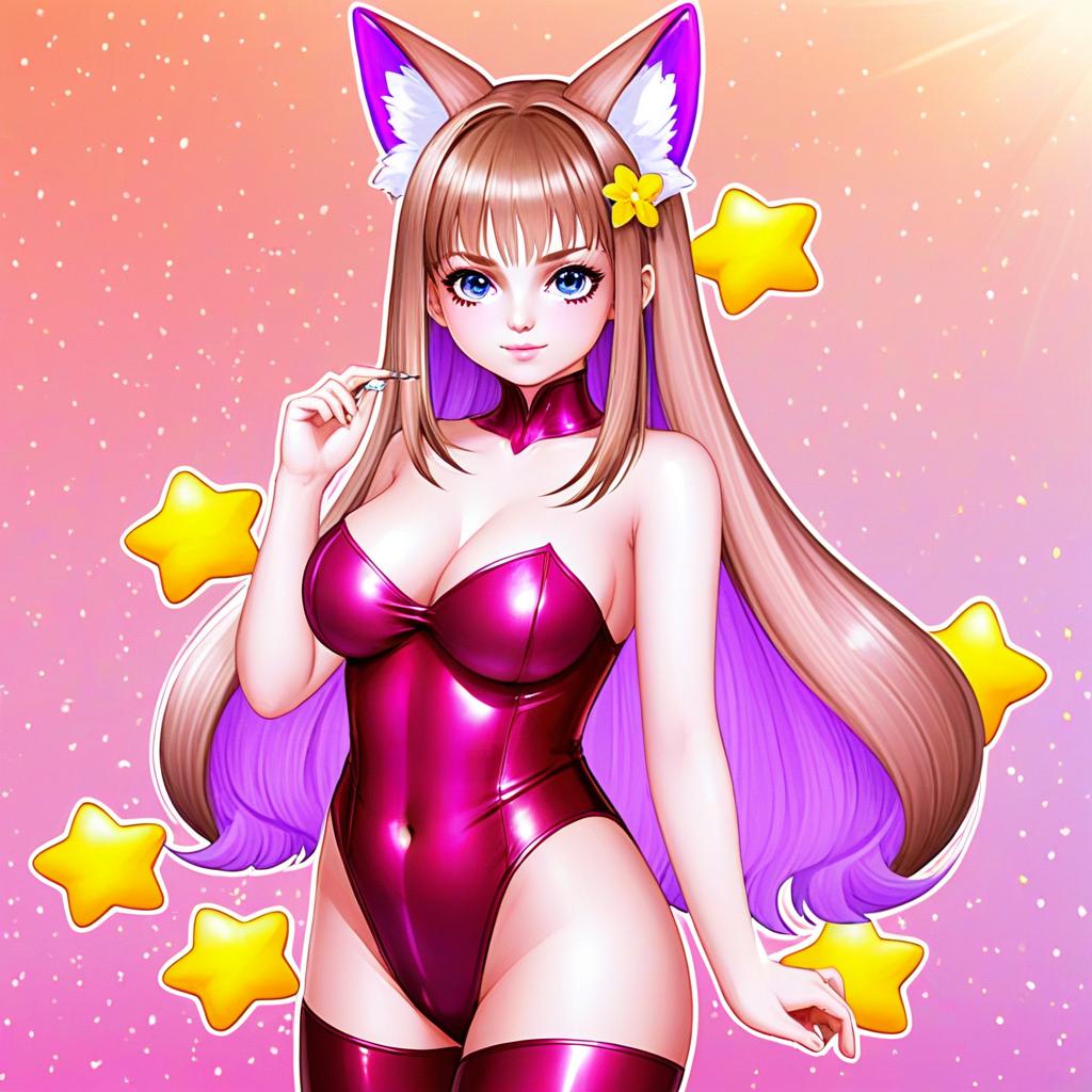 Anime Woman in Shiny Magenta Bodysuit with Fox Ears and Starry Background