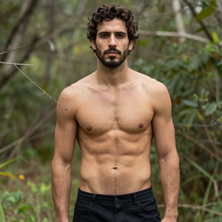 Shirtless Athletic Man with Curly Hair in Outdoor Forest Setting