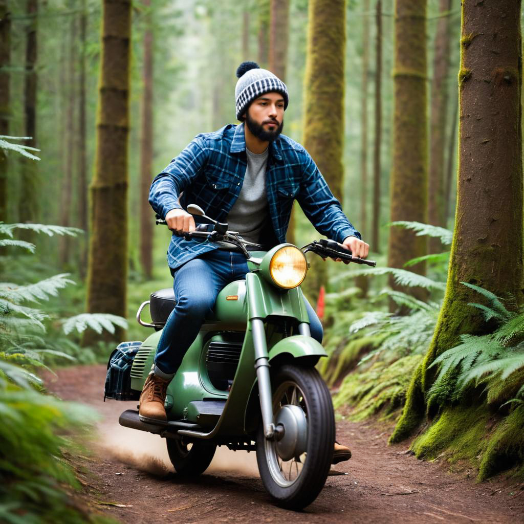 Man Riding Vintage Green Scooter in Forest