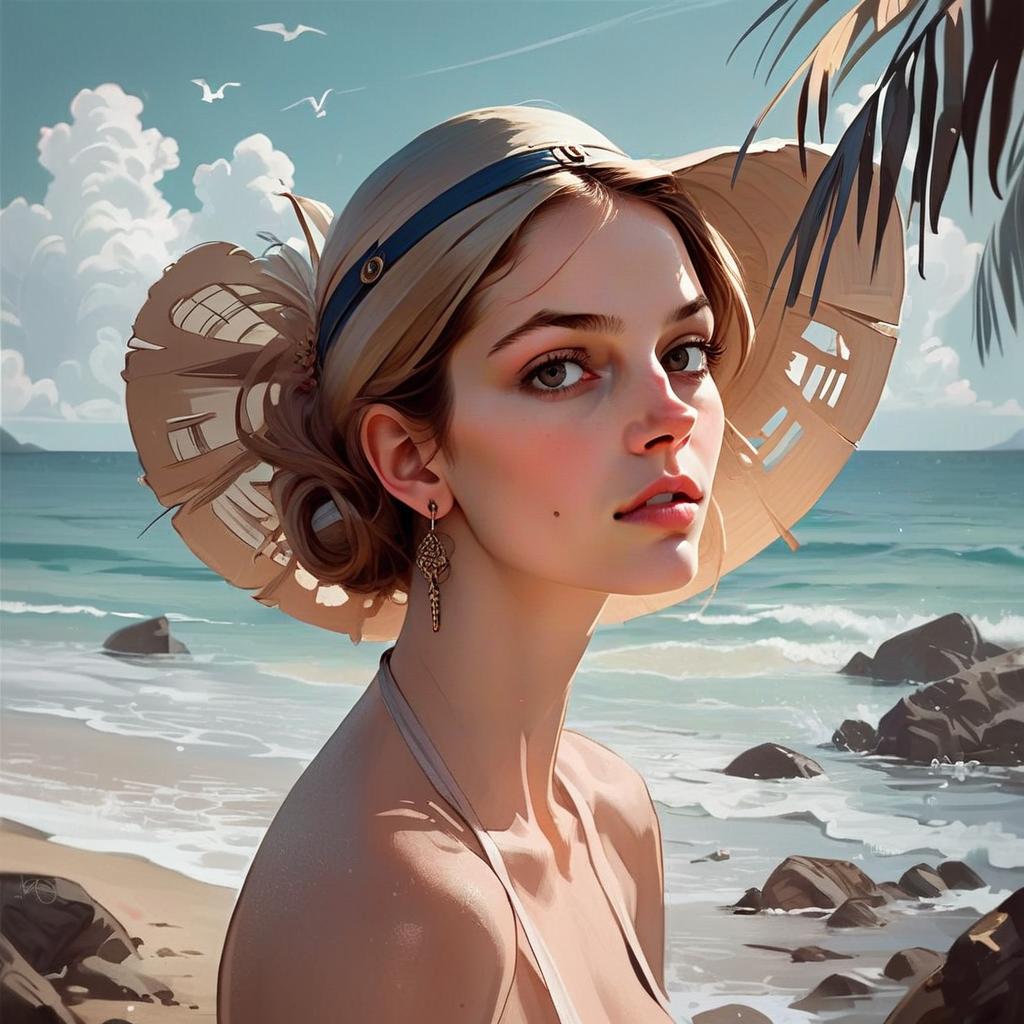 Young Woman in Sunhat by Rocky Seaside