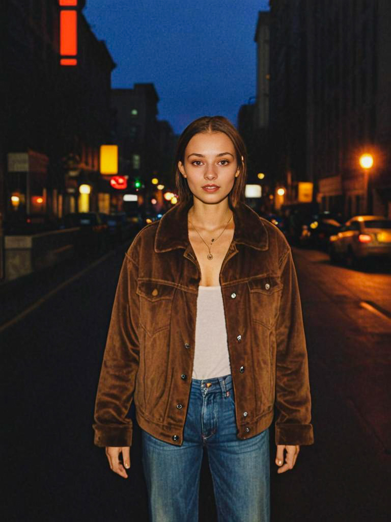 Confident Woman in Stylish Jacket on City Street