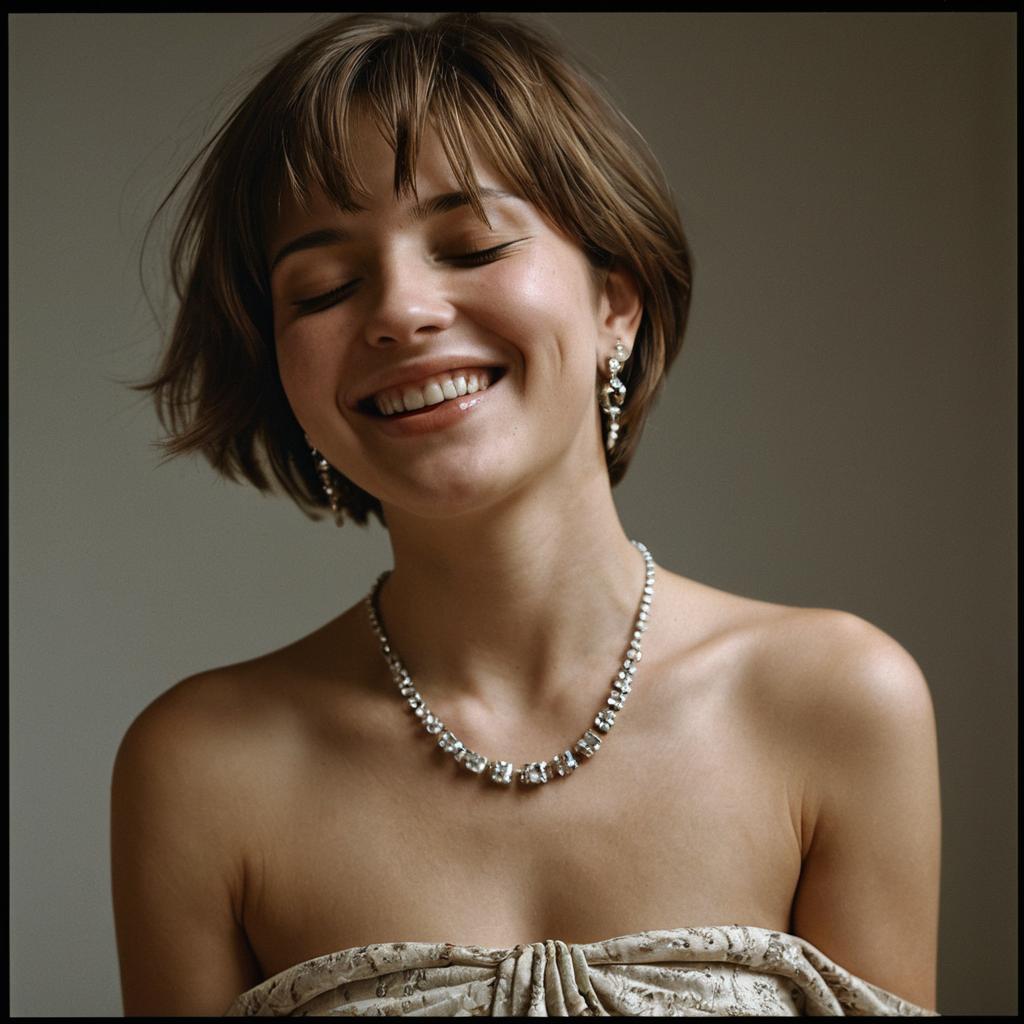 Portrait of Smiling Young Woman with Short Hair and Silver Jewelry