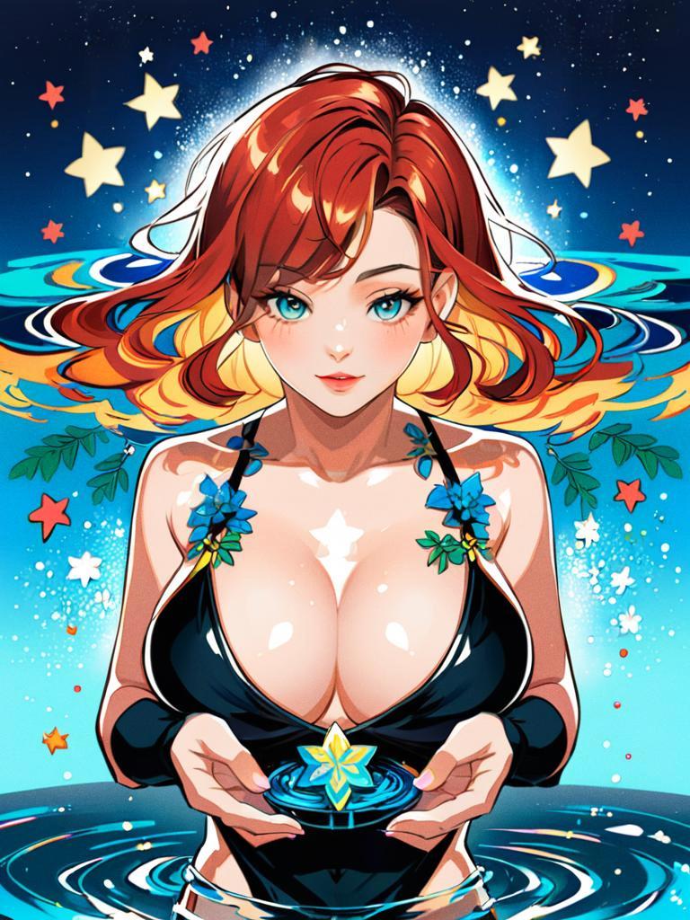 Vibrant Anime Woman with Red Hair in Celestial Setting