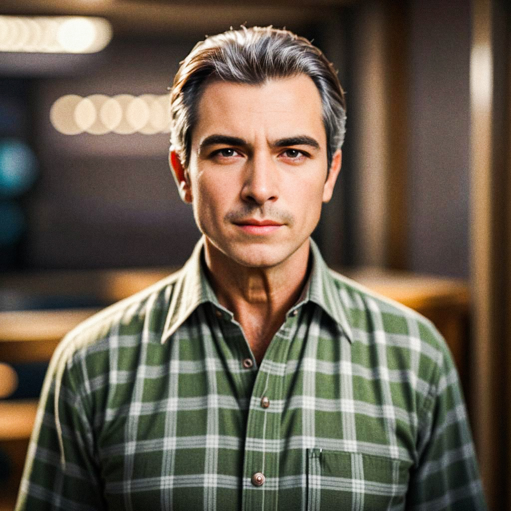 Confident Man with Gray Hair in Vintage Green Plaid Shirt