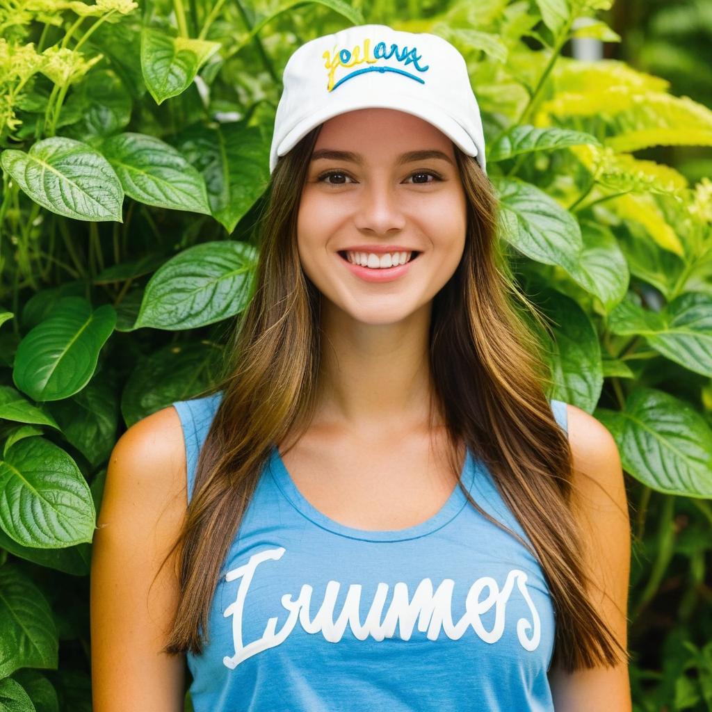 Smiling Woman in Blue Tank Top and White Cap Against Green Leaves