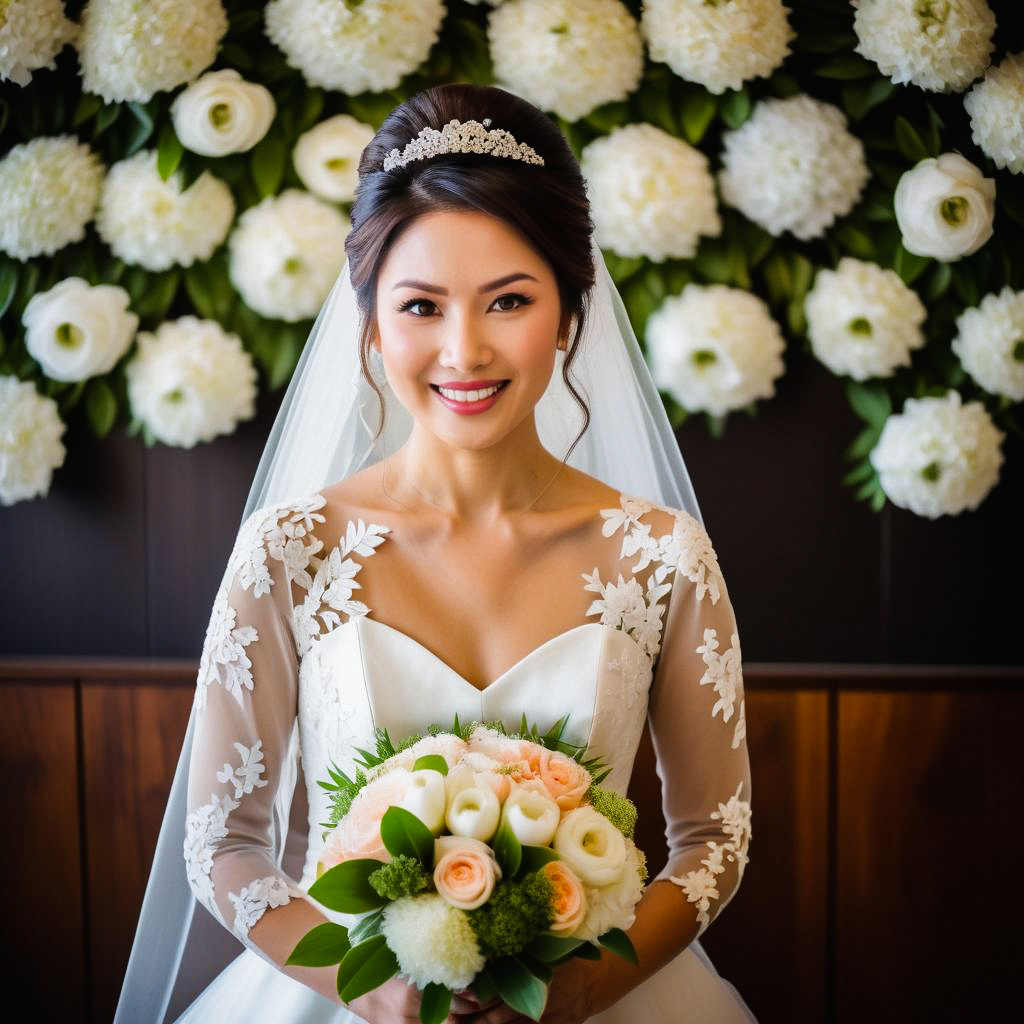 Radiant Bride in Lace Gown with Floral Backdrop