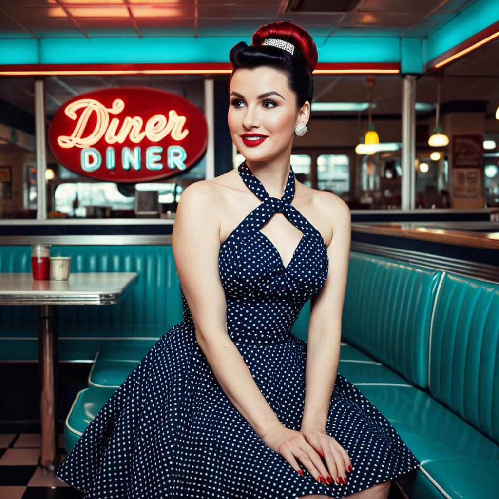 Vintage 1950s Pin-Up Woman in Polka Dot Dress at Retro Diner Booth