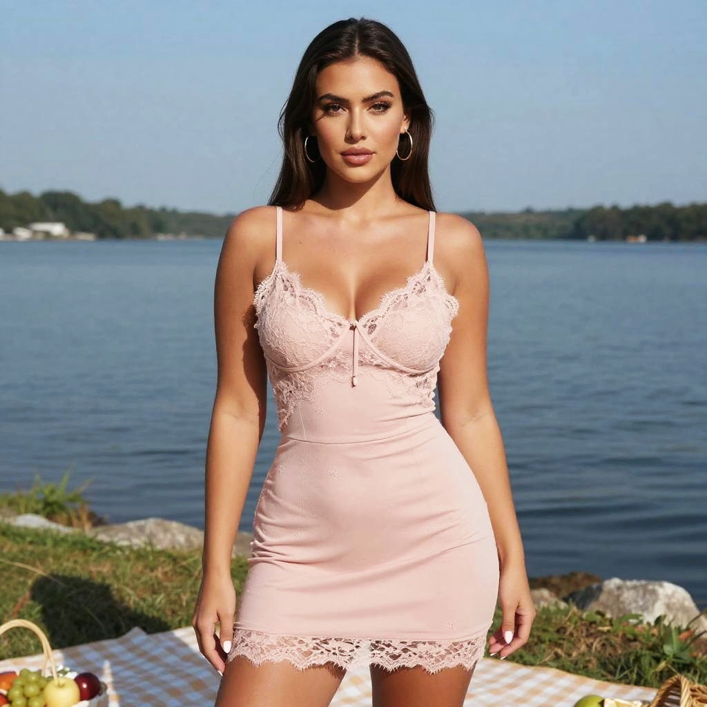 Woman in Fitted Blush Pink Lace Mini Dress by Lakeside