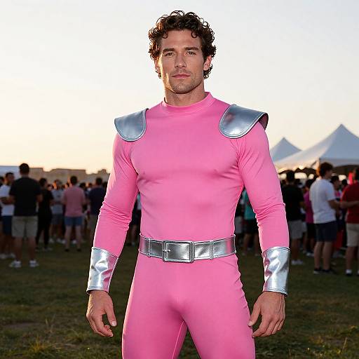 Man in Pink Superhero Costume with Metallic Accents at Outdoor Event