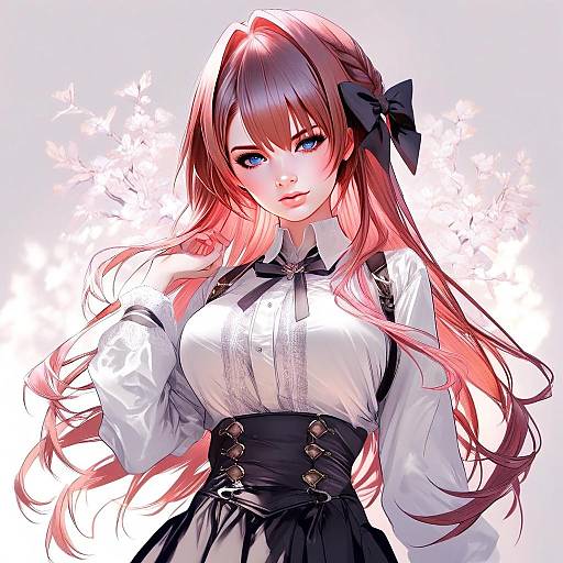 Anime Woman with Pink Hair and Black Bow in Elegant Outfit