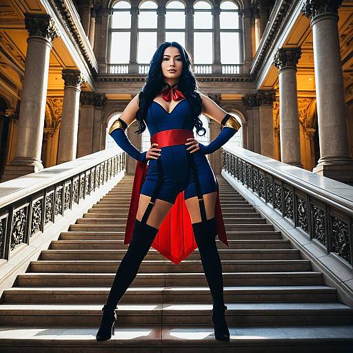 Heroic Woman in Blue Superhero Costume Posing on Grand Staircase