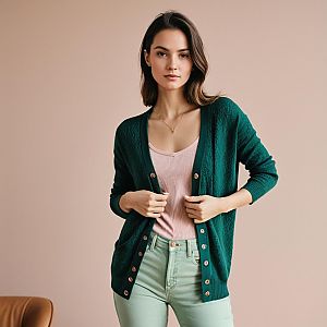 Stylish Young Woman Wearing Green Cardigan and Casual Outfit