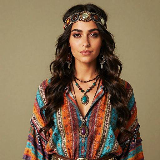 Hippie Costume Woman in Colorful Shirt with Layered Bohemian Jewelry