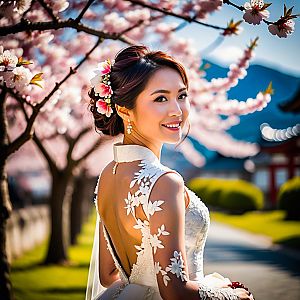 Smiling Woman in White Lace Dress Among Cherry Blossoms