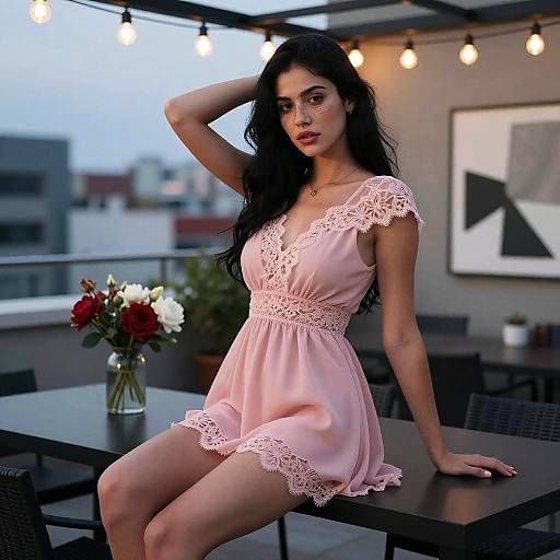 Young Woman in Pink Lace Dress Sitting on Table Outdoors