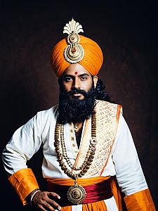 Man in Traditional Shivaji Maharaj Fancy Dress Costume Waist Up Portrait