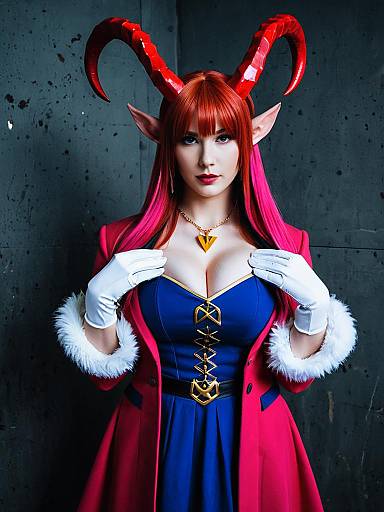 Fantasy Woman Cosplay With Red Horns and Blue Dress