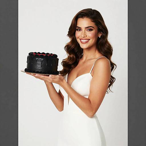 Elegant Woman Holding Stylish Black Cake in White Dress