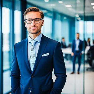 Confident Man in Blue Suit in Modern Office