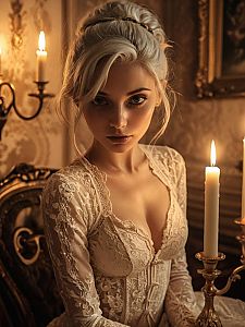 Elegant Woman in Vintage Lace Gown with Candlelight in Ornate Room