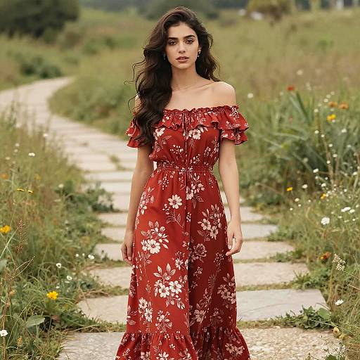 Romantic Bohemian Style Woman Wearing Red Floral Maxi Dress Outdoors