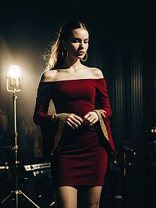 Woman in Contemporary Chic Maroon Off-the-Shoulder Mini Dress