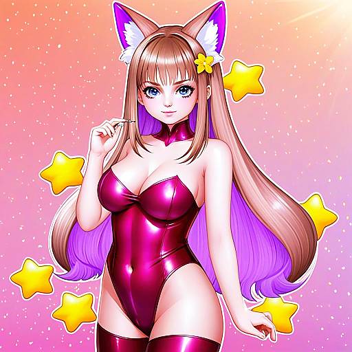 Anime Woman in Shiny Magenta Bodysuit with Fox Ears and Starry Background