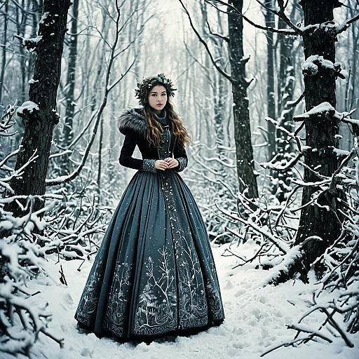 Elegant Woman in Winter Forest Wearing Long Dark Gown with Floral Crown