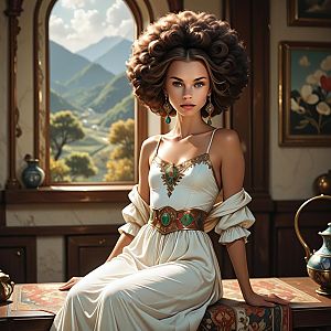 Elegant Woman in Vintage Room with Mountain View