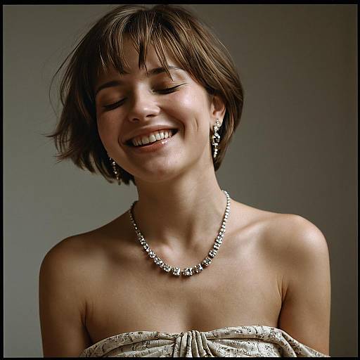 Portrait of Smiling Young Woman with Short Hair and Silver Jewelry