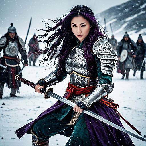 Warrior Woman in Detailed Armor on Snowy Battlefield