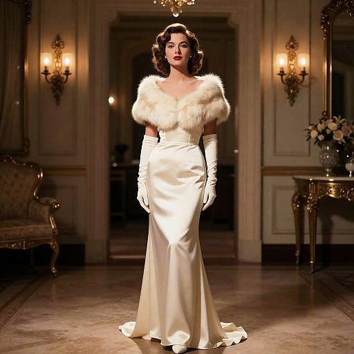 Elegant Vintage-Inspired Woman in Ivory Satin Gown with Fur Stole