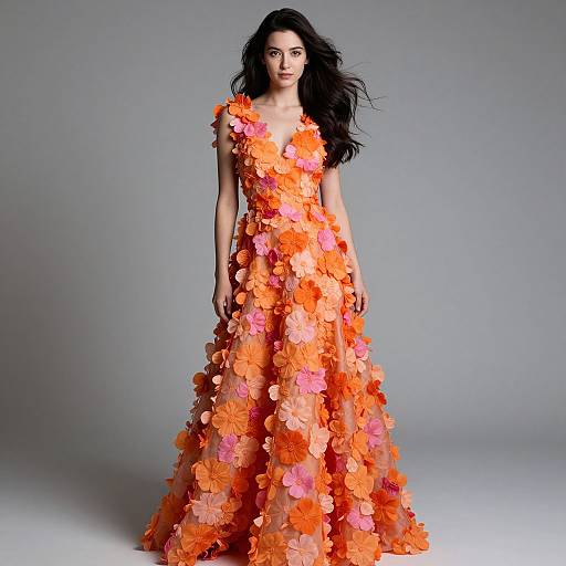Woman Wearing Vibrant Floral Appliqué Gown in Orange and Pink