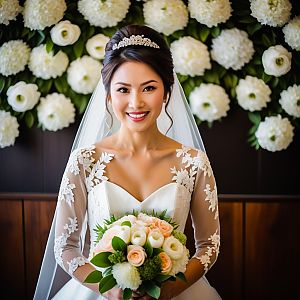 Radiant Bride in Lace Gown with Floral Backdrop