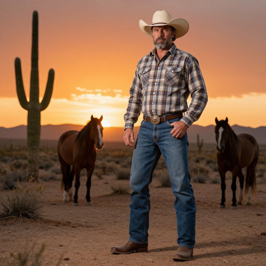 Cowboy in Plaid Shirt with Horses at Desert Sunset