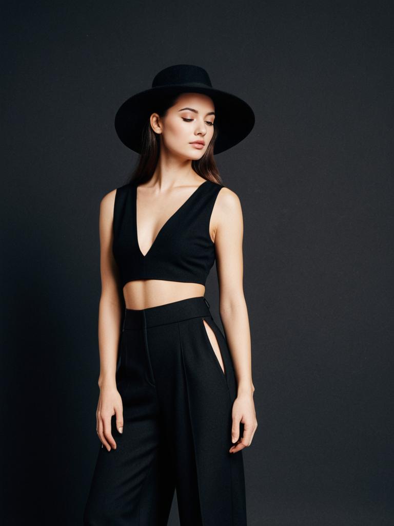 Minimalist Chic Woman in Black Sleeveless Top with Deep V Neckline and Wide-Brim Hat