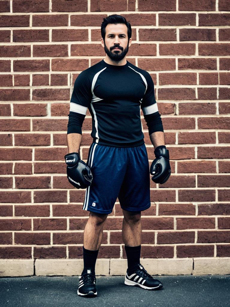 Focused Man in Sport Costume with Fingerless Gloves and Athletic Shorts