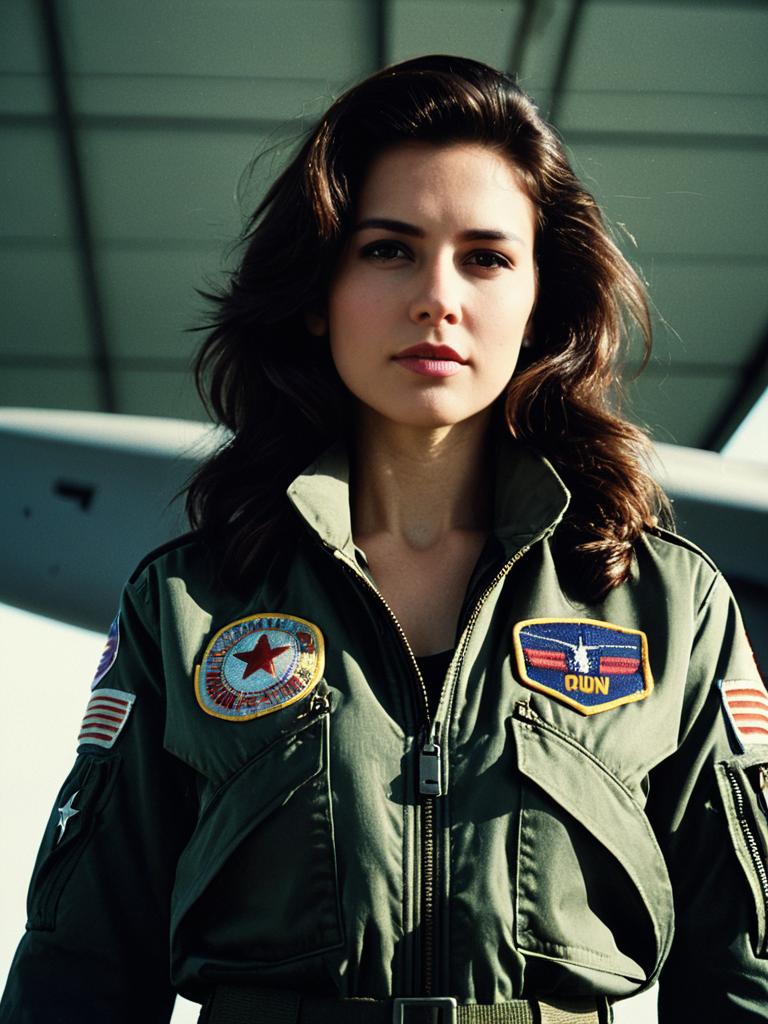 Woman in Top Gun Costume Waist Up Editorial Photorealistic Portrait
