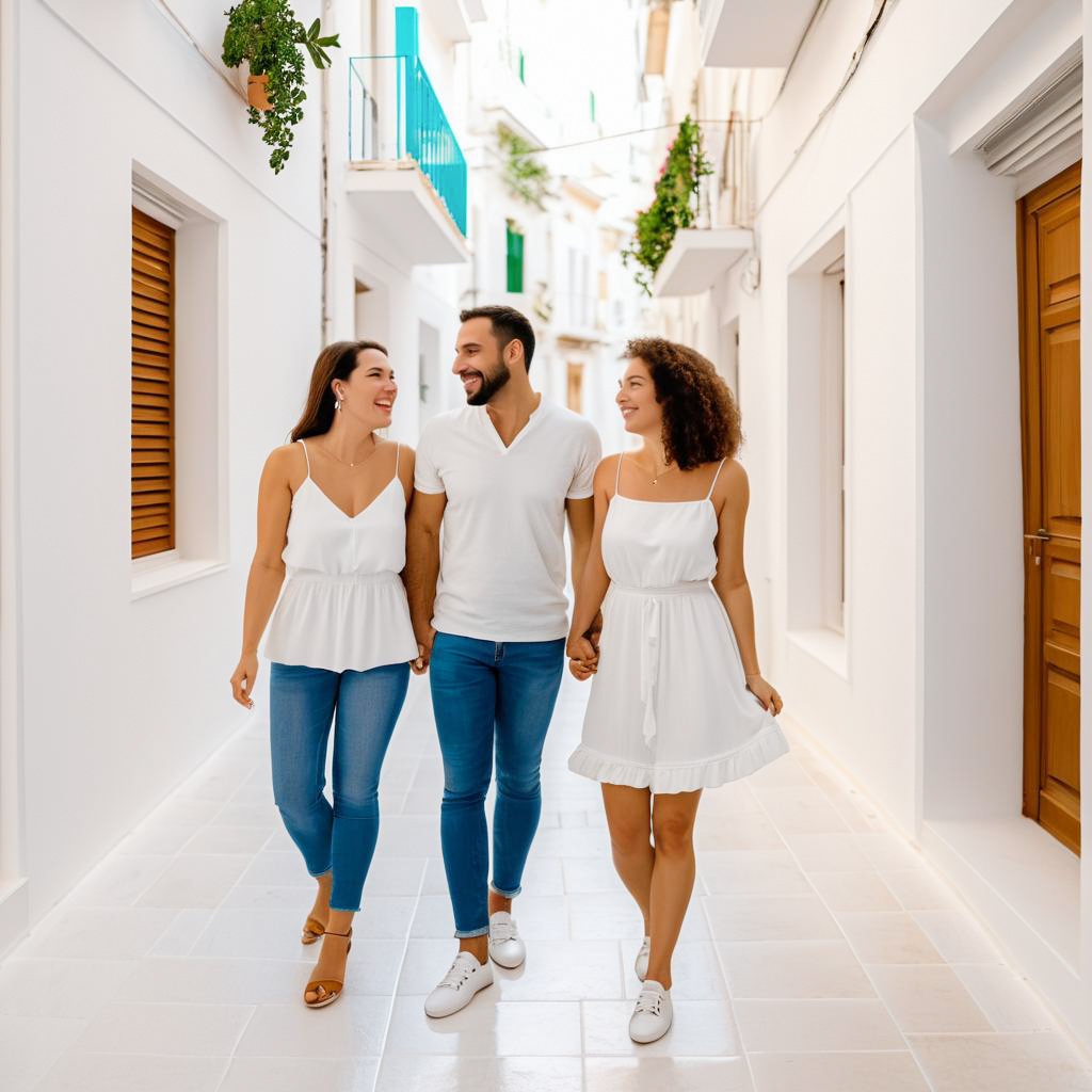 Three Friends Strolling in a Mediterranean Setting